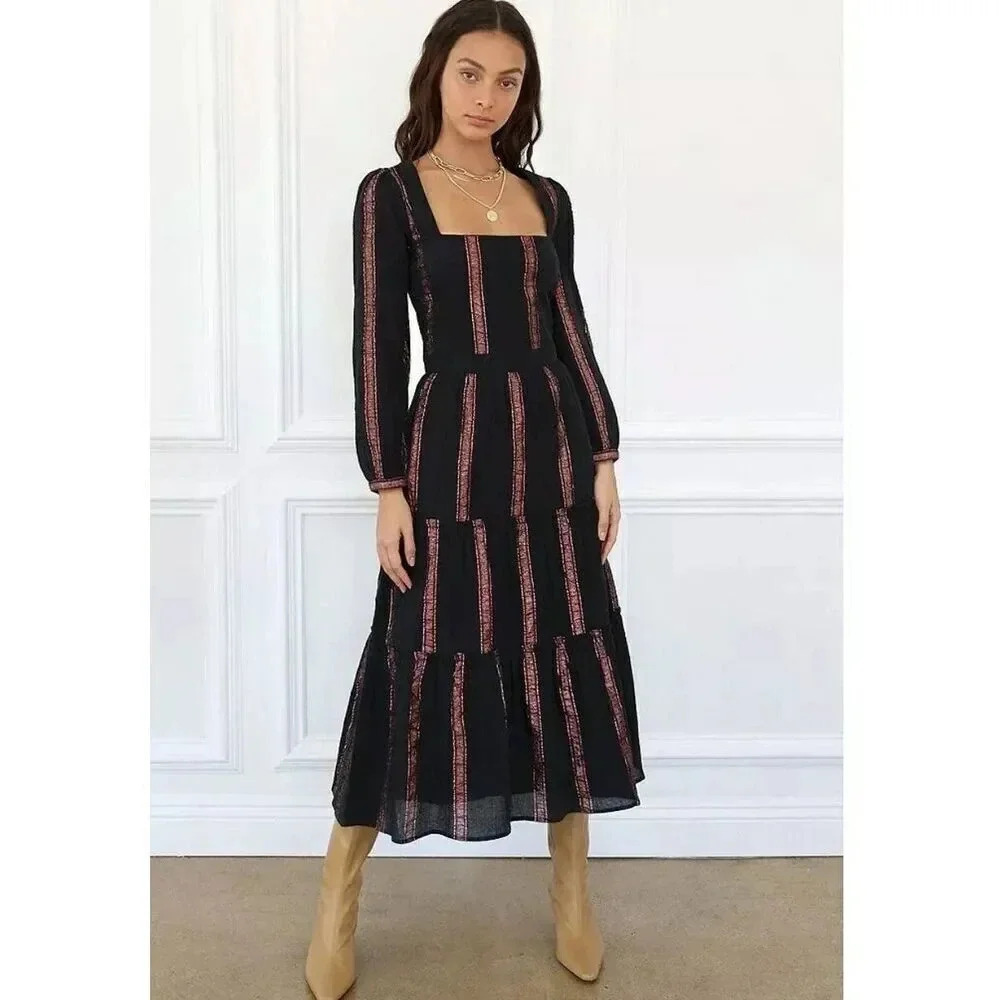Adelyn Rae Midi Dress Tiered Long Sleeve Black Rose Gold Size XS